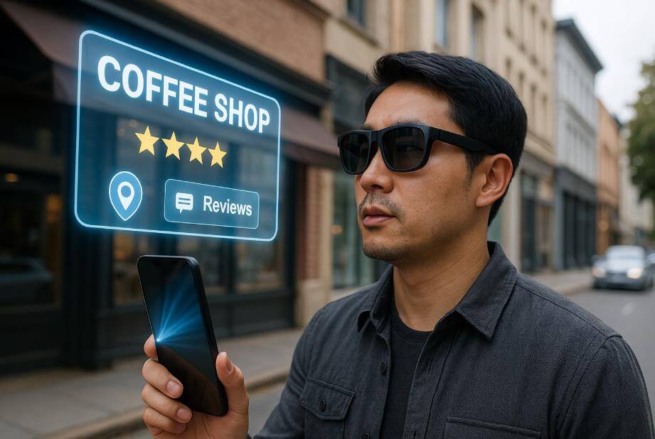 현실 공간 위에 홀로그램 앱 정보가 표시되는 장면