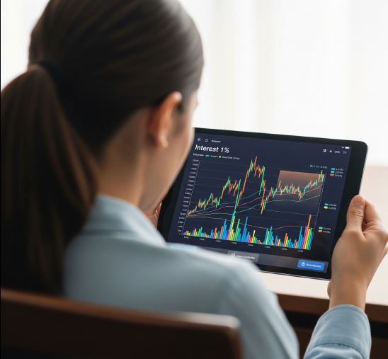 금리 관련 차트를 보고 있는 사람의 사진