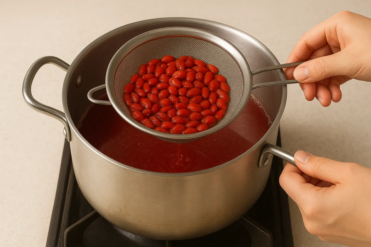 끓인 구기자 체에 걸러내기