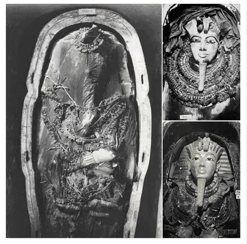 하워드 카터가 발굴한 투탕카멘 미라의 초기 상태를 담은 흑백 사진. 미라는 석관 안에 안치되어 있었으며, 금마스크와 화려한 장신구가 함께 발견되었다.
