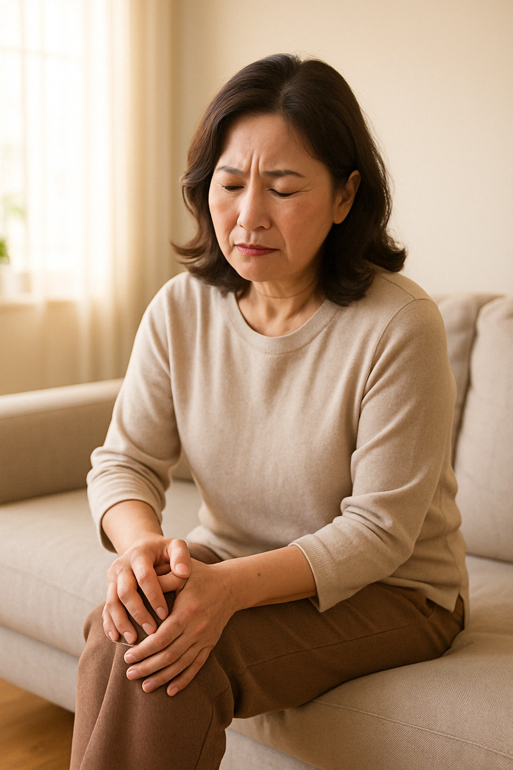 소파에 앉아 무릎을 잡고 통증을 느끼는 중년 여성