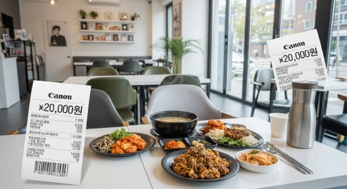 밝은 실내, 테이블에 놓인 2만원 이상 주문 음식과 영수증