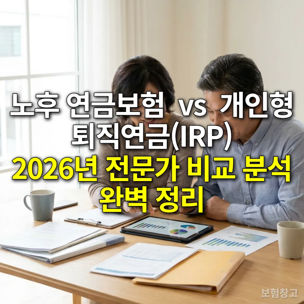 노후 연금보험과 개인형 퇴직연금(IRP)을 비교 분석하며 노후 설계를 논의하는 중년 부부