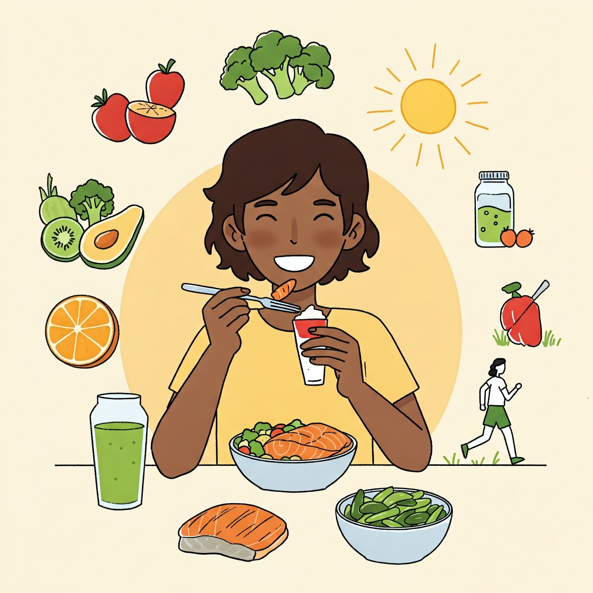 사람이 건강한 식단을 먹으며 미소 짓는 모습 + 햇살 아래 산책하는 장면 + 심플한 인포그래픽 스타일 + 밝고 따뜻한 톤