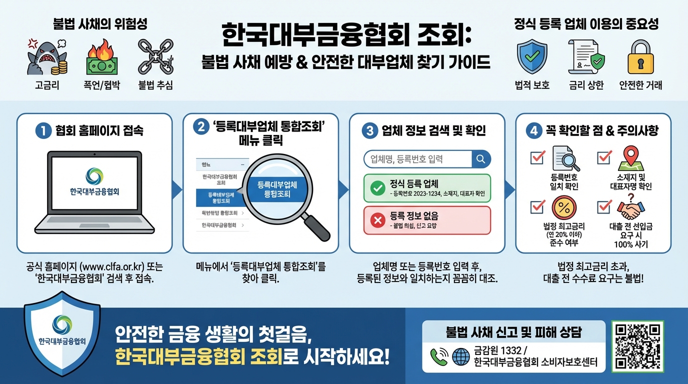 한국 대부 금융 협회 조회를 통해 불법 사채를 피하고 안전한 정식 등록 대부 업체를 찾는 방법을 알려주는 인포그래픽
