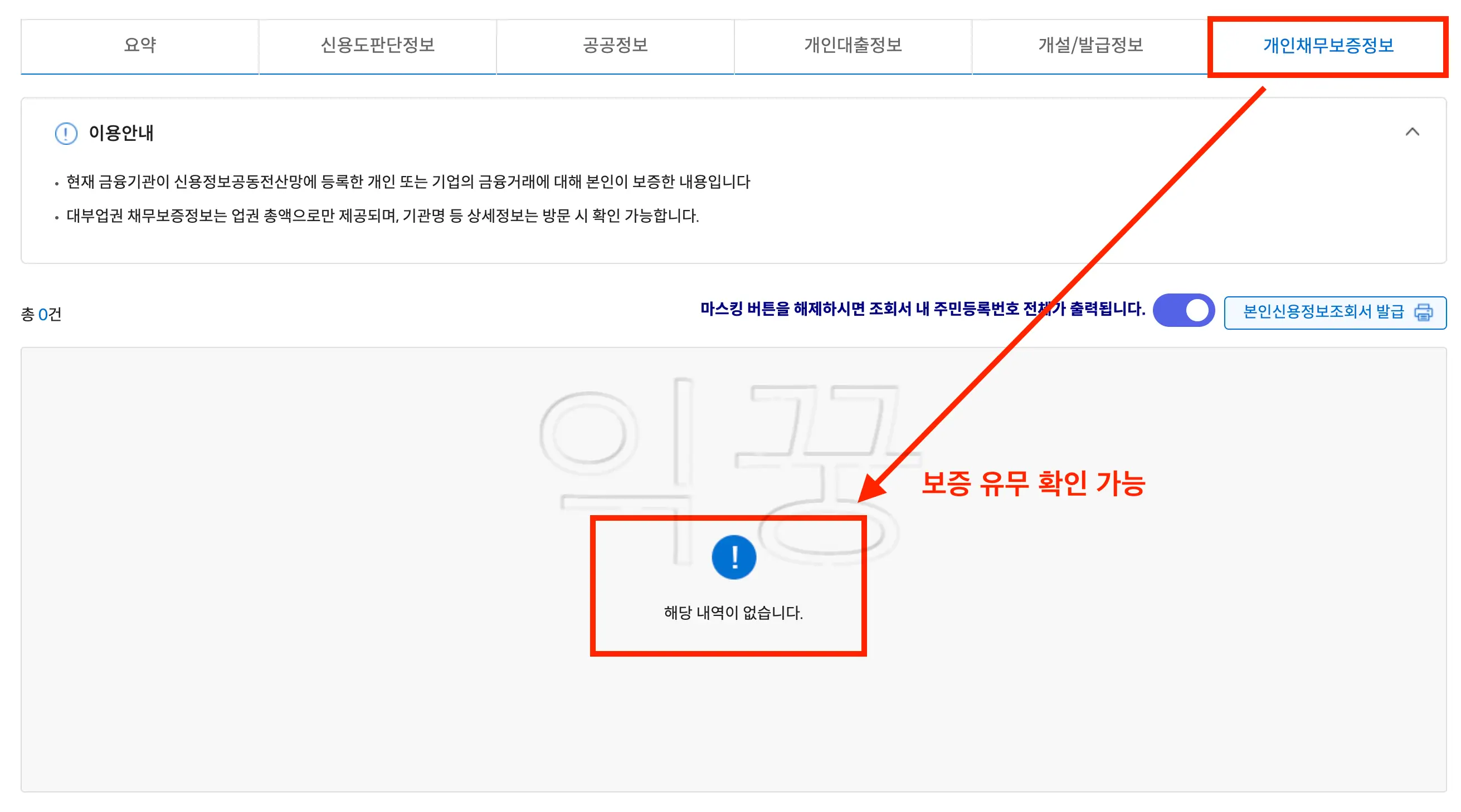 개인채무 및 보증정보 확인 사진