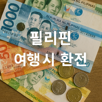 필리핀 페소 지폐와 동전이 나무 테이블 위에 놓여 있고, 중앙에는 '필리핀 여행 시 환전'이라는 흰색 텍스트가 시각적으로 방해 없이 배치된 썸네일 이미지