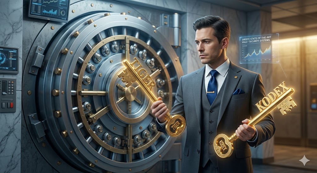 세련된 정장 차림의 아빠가 'TIGER'와 'KODEX'라는 두 개의 황금 열쇠를 쥐고 고민하는 모습