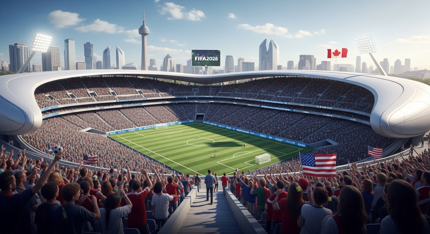 2026년 북중미 월드컵의 개최국인 미국, 멕시코, 캐나다의 상징적인 요소들과 현대적인 경기장이 어우러진, 전 세계 팬들이 열광하는 역동적인 월드컵 경기장 전경.