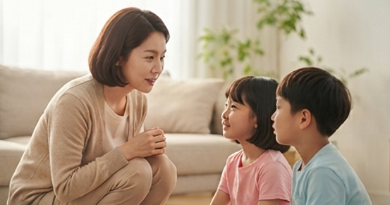 엄마가 아이들 눈높이에 맞춰 앉아 이야기 나누는 모습
