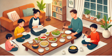 가족이 거실에 모여 바닥에 앉아 식사를 하고 있는 이미지