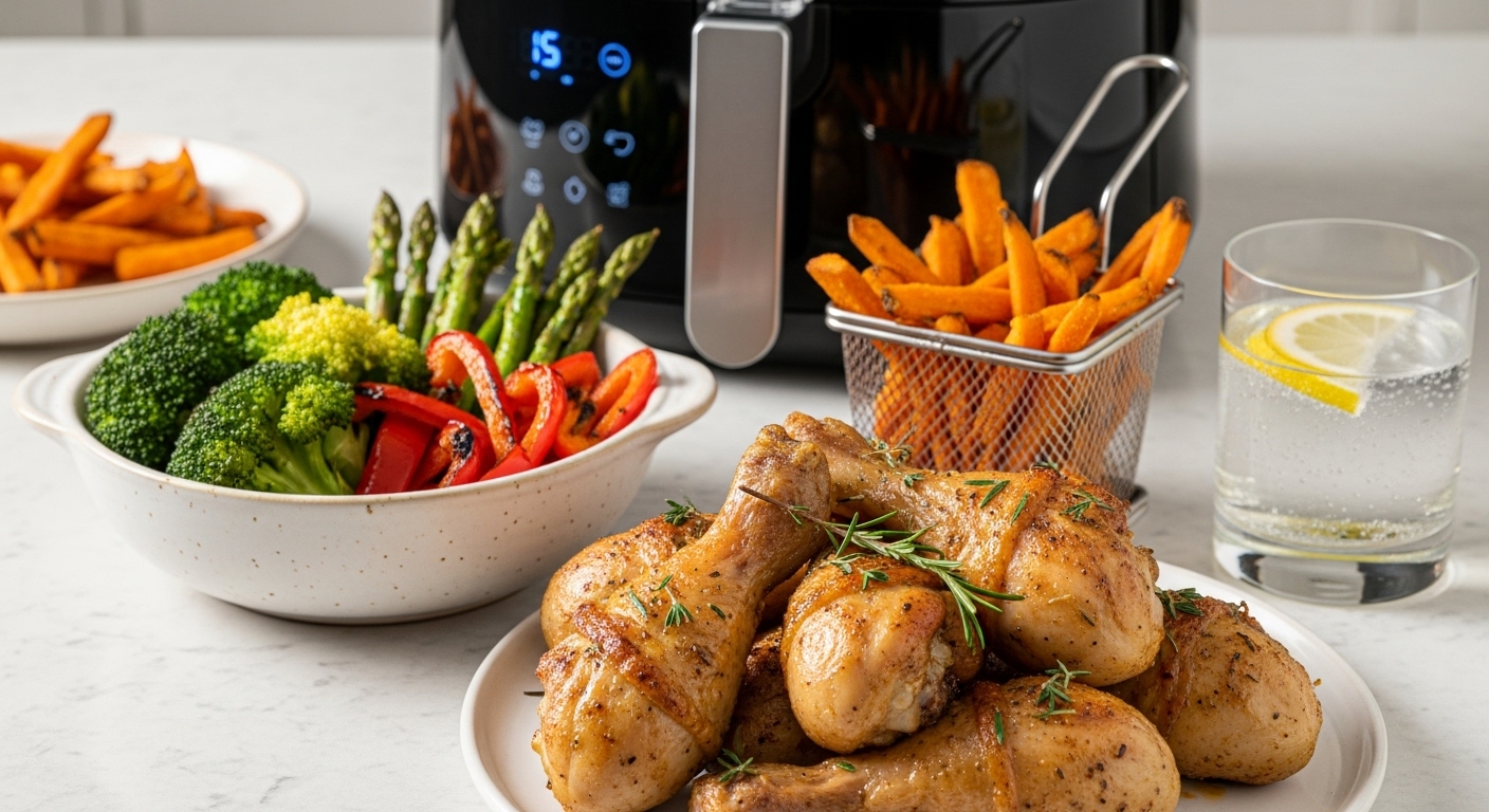 에어프라이어로 조리된 바삭한 치킨 드럼스틱, 노릇한 고구마튀김, 신선한 채소 요리가 먹음직스럽게 놓여 있습니다.