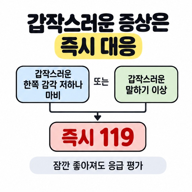 갑작스러운 한쪽 감각 저하나 마비 또는 말하기 이상이 나타나면 즉시 119에 연락하고 잠깐 좋아져도 응급 평가를 받도록 안내한 흐름도