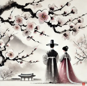 남녀-한복-매화-수묵담채화