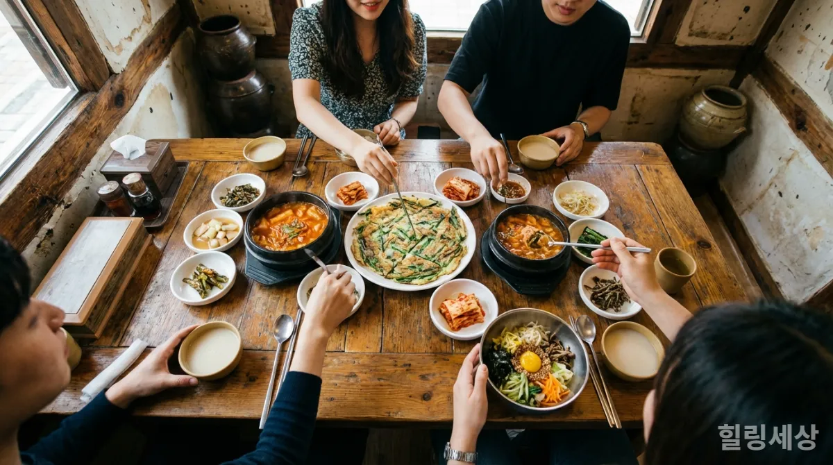 지역 맛집에서 저렴하고 맛있는 음식을 즐기는 모습