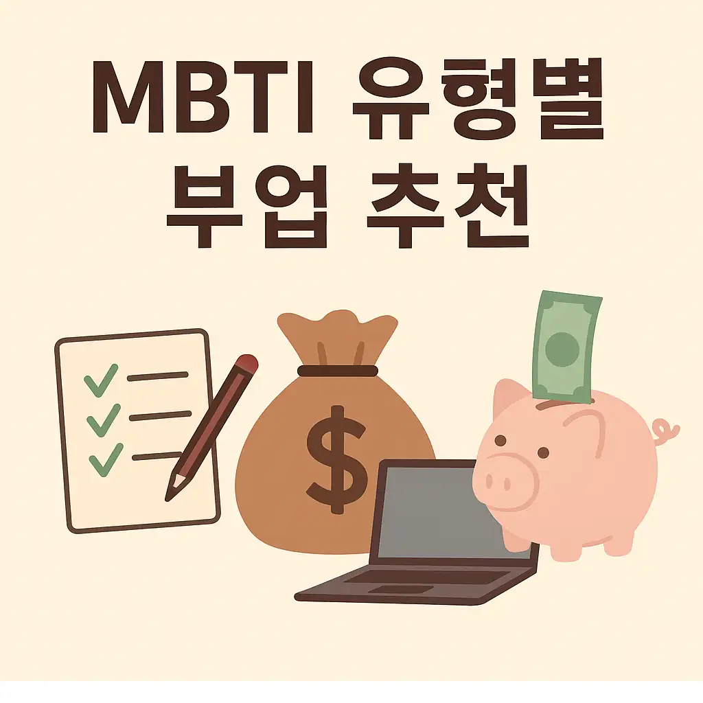 MBTI 유형별 부업 추천 일러스트 - 체크리스트, 돈 가방, 노트북, 돼지 저금통 아이콘 구성