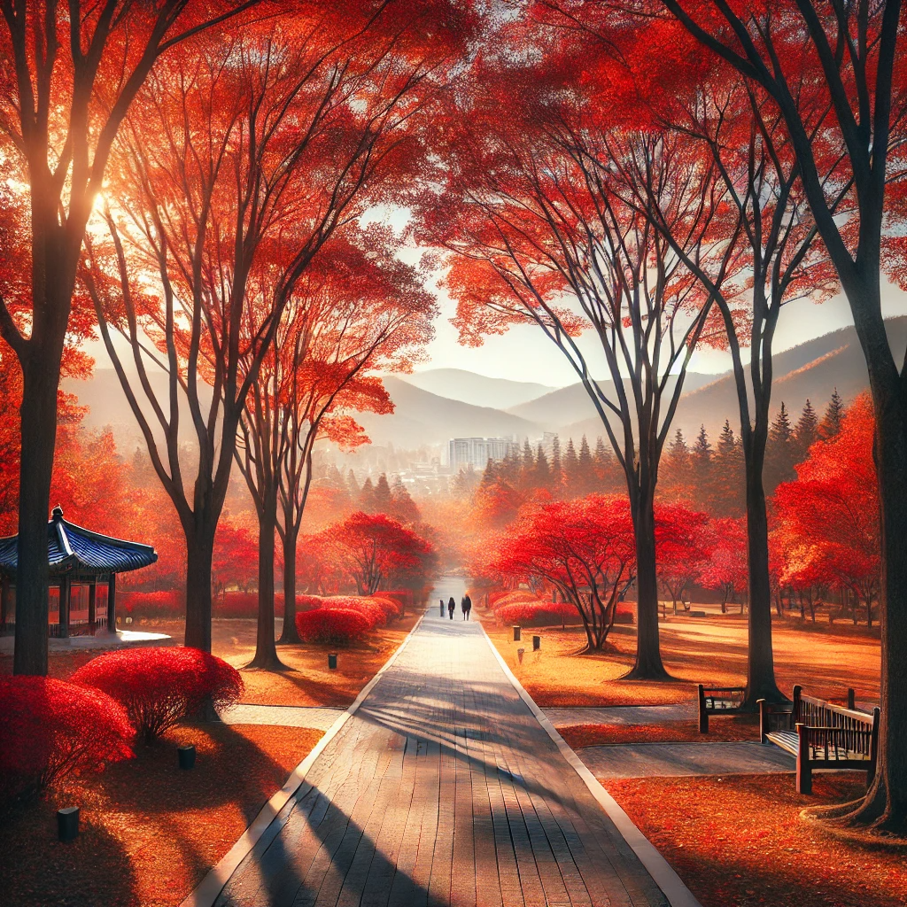 산대공원의 가을 풍경. 울긋불긋한 단풍이 물든 나무들이 길가를 따라 늘어서 있고&amp;#44; 낙엽이 떨어진 산책로와 멀리 보이는 산이 어우러진 평화로운 공원.