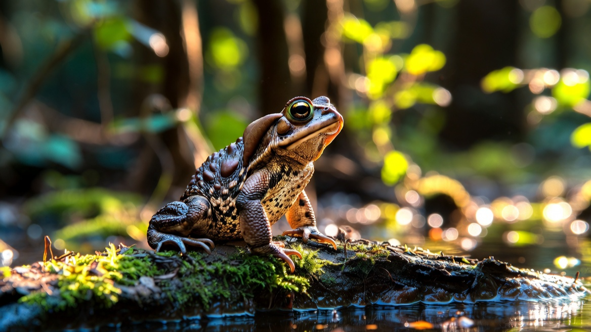 숲의 평화와 균형을 상징하는 위엄 있는 성체 두꺼비의 모습