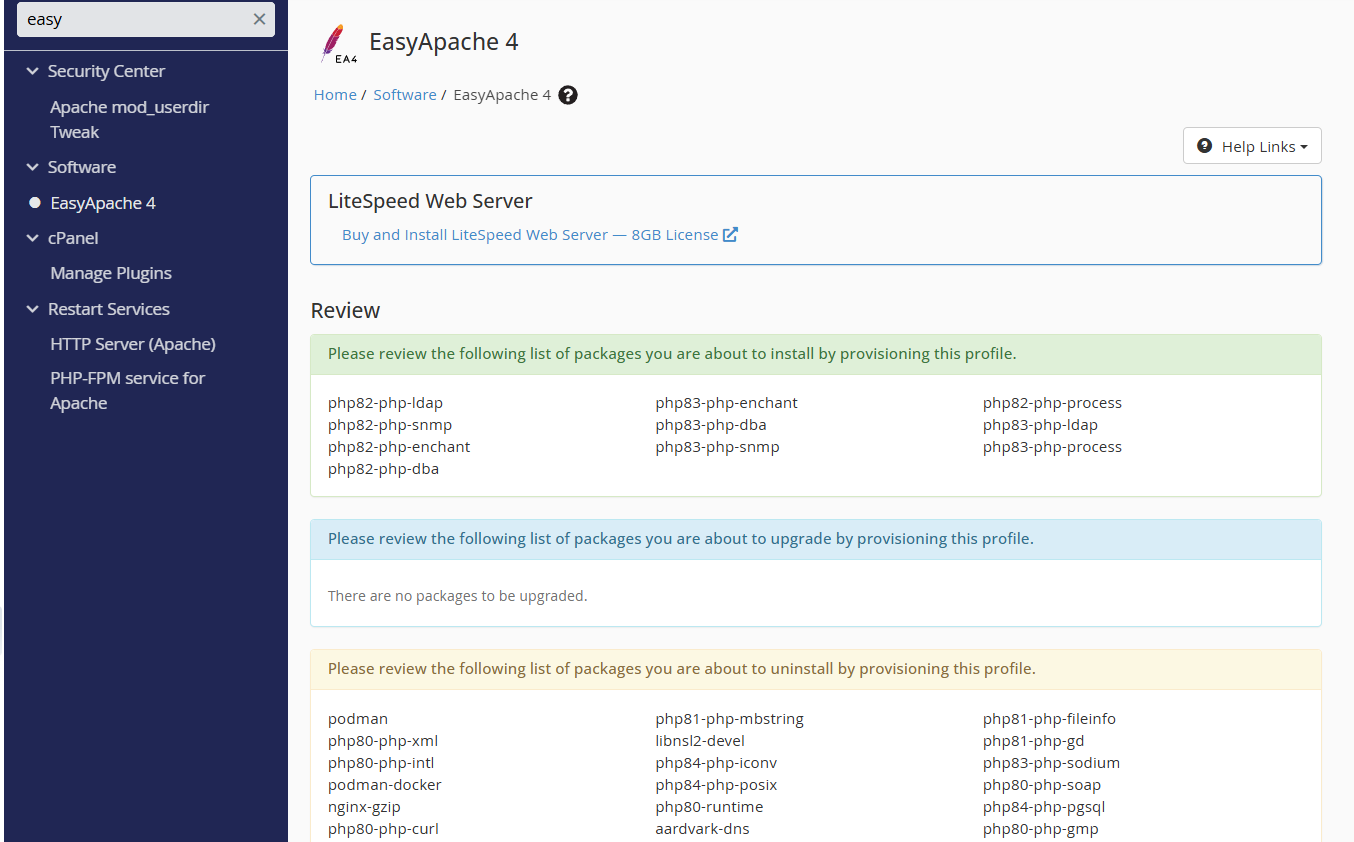 블루호스트 cPanel EasyApache 4에서 OPcache 확장 모듈을 설치하는 화면