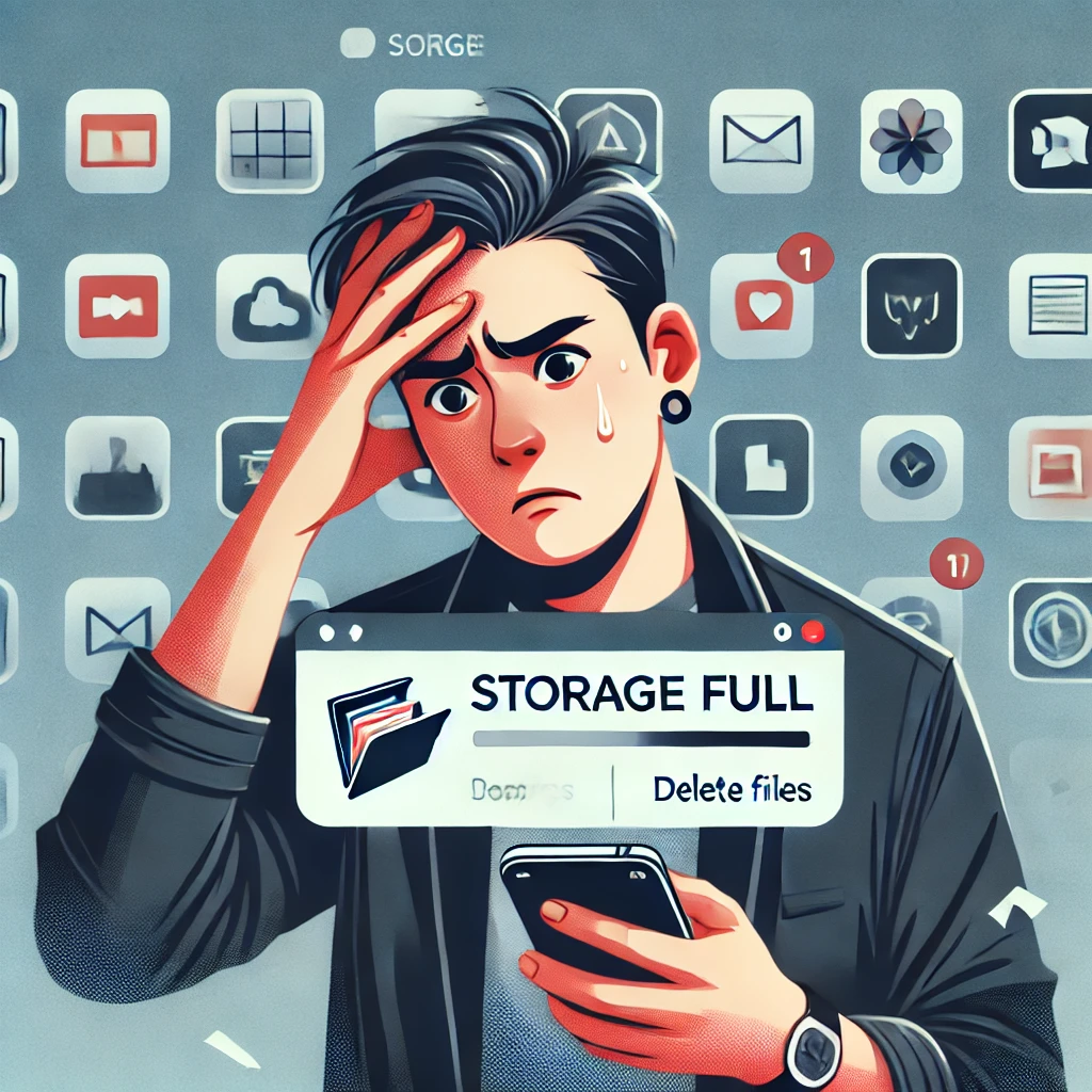 여기 스마트폰 저장 용량 부족으로 고민하는 사람의 이미지