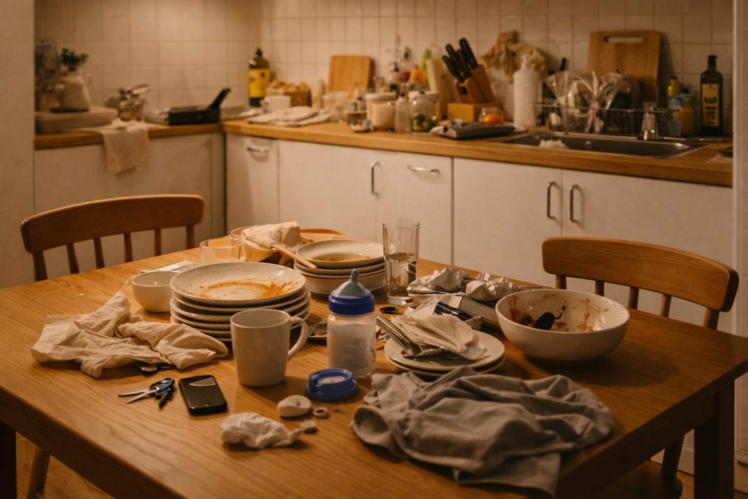 정리되지 않은 식탁과 주방이 보이는 집 안 풍수 환경