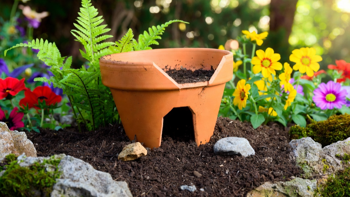 정원에 설치된 화분 조각을 활용한 친환경 두꺼비 은신처