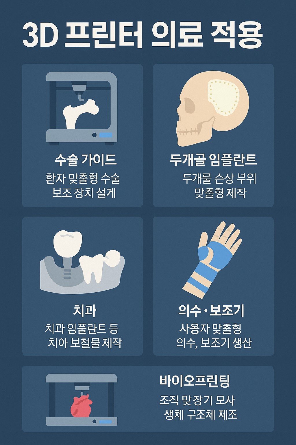 3D 프린터 의료 적용 인포그래픽: 수술 가이드, 두개골 임플란트, 치과, 의수&middot;보조기, 바이오프린팅 사례 요약