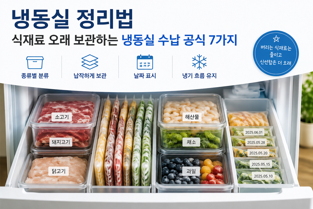 투명 수납용기로 고기, 채소, 냉동밥을 분류하고 날짜 라벨을 붙여 효율적으로 정리한 냉동실 수납 모습