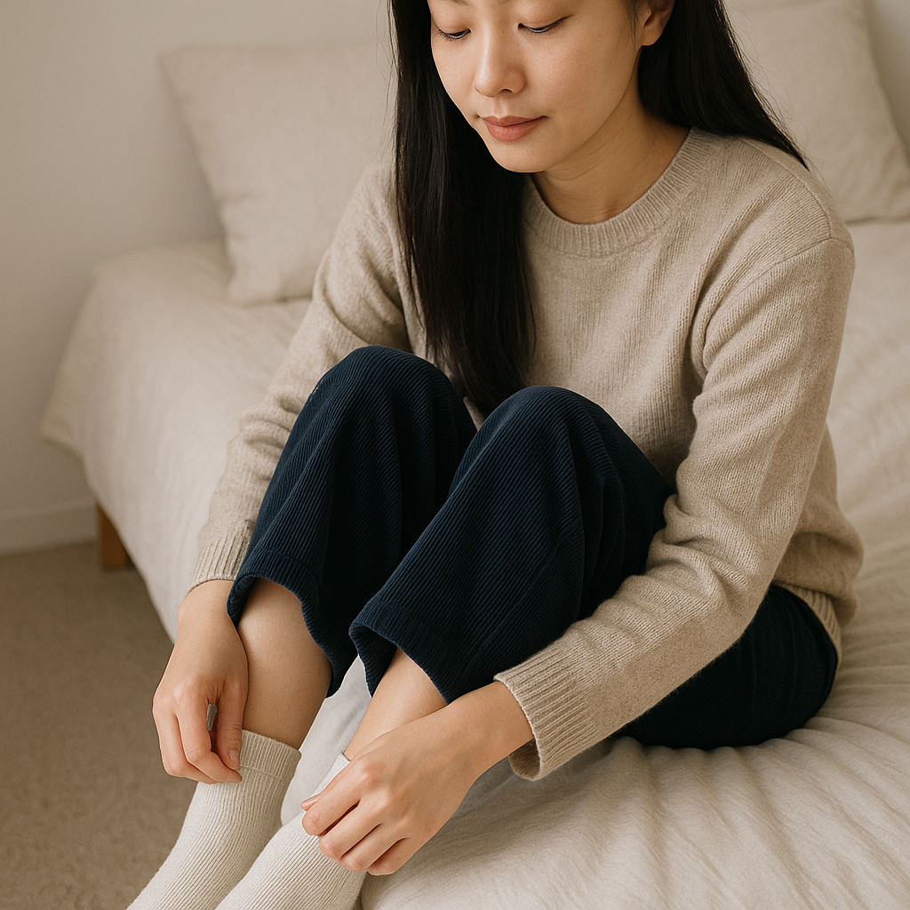 면역력 유지를 위해 양말을 챙겨 신는 여성의 겨울철 보온 습관