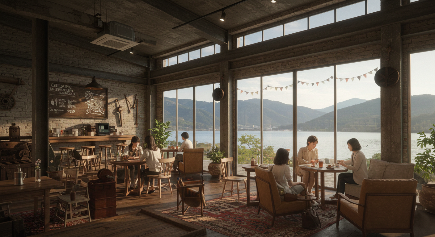 옛 조선소를 개조한 속초 칠성조선소 카페 내부, 청초호 전망