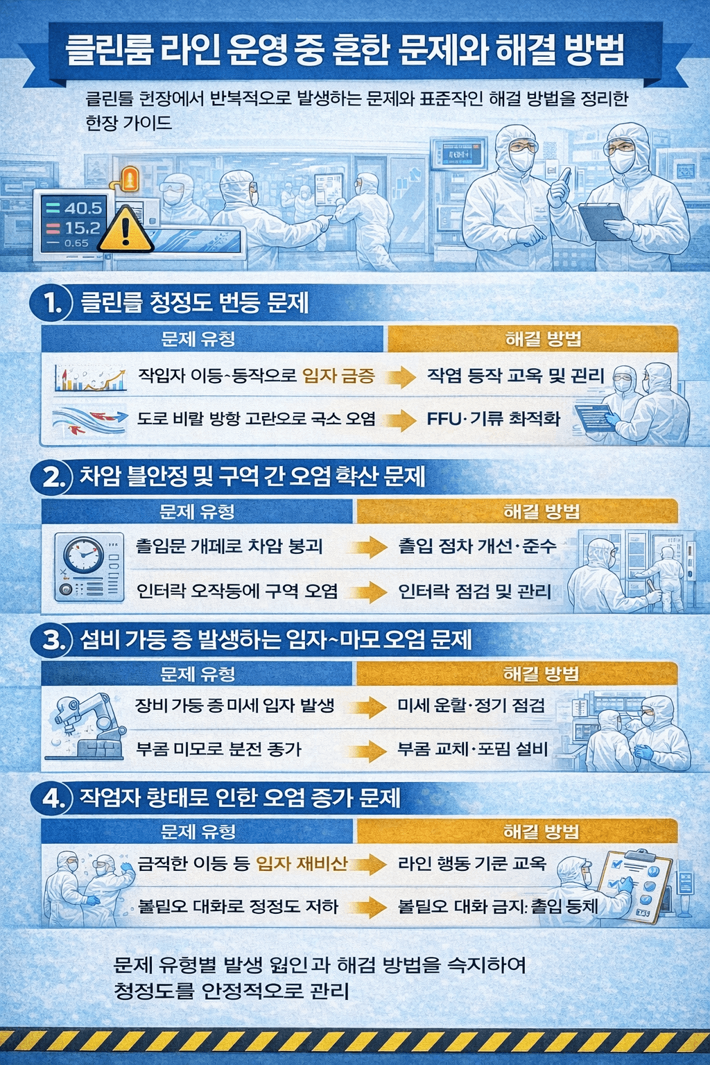 클린룸 오염제어 시 클린룸 라인 운영 중 흔한 문제와 해결 방법에 대해 알아 본다.