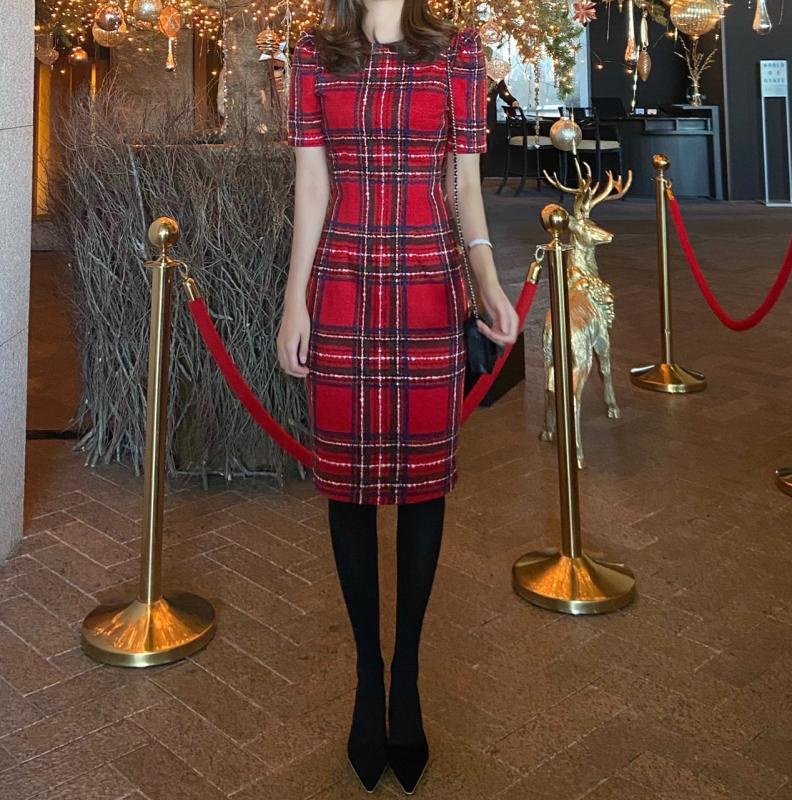 겨울 타탄 체크 어깨 퍼프 크리스마스 원피스 파티룩