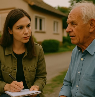 지역주민과 인터뷰하고 있는 여성