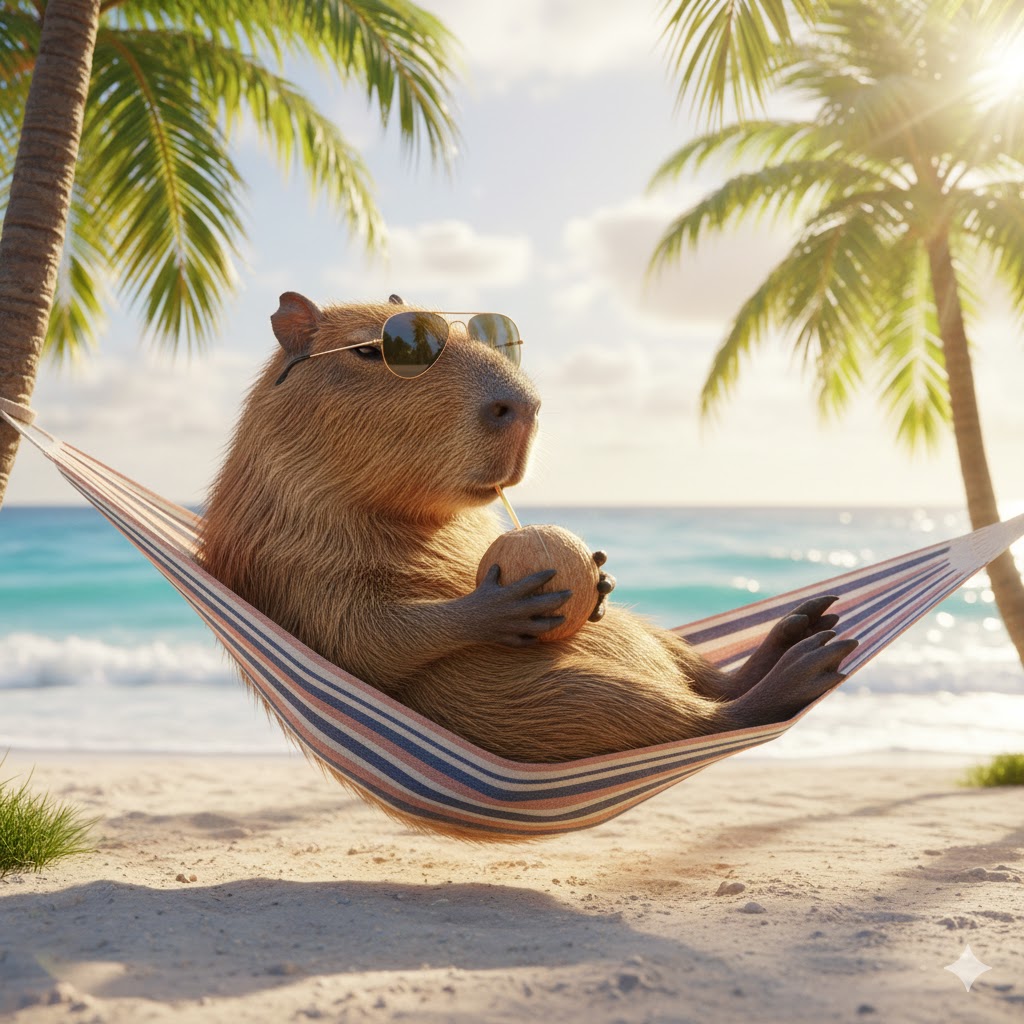 This is the life! While you're stressed about charts, I'm compounding my relaxation. This is what financial independence looks like!"
これこそが人生だ！お前がチャートにストレスを感じている間、俺はリラックスを複利で増やしているぞ。これが経済的自由の姿だ！」