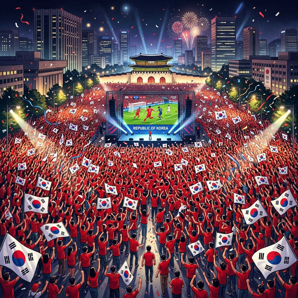 광화문 광장 거리응원 조감도 야간 분위기 빨간 셔츠 인파 전광판