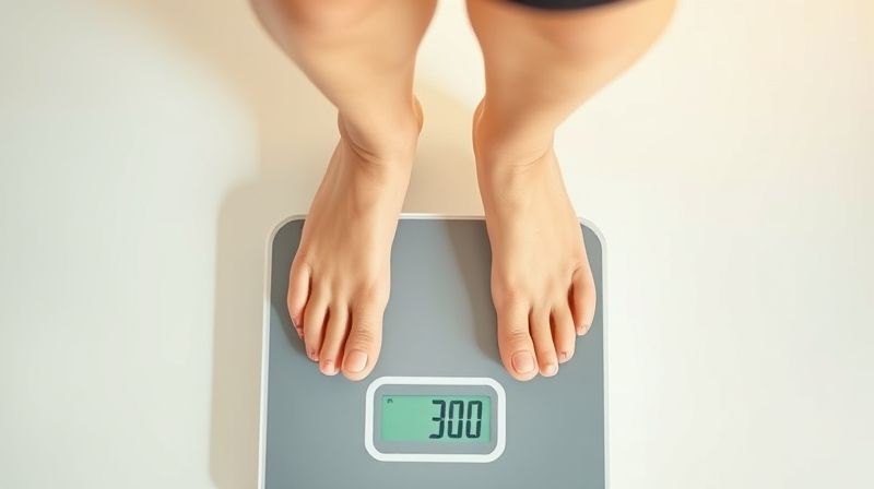 체중계 위에서 체중 감소 숫자를 확인하며 기뻐하는 사람