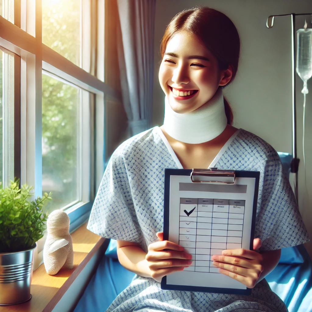 밝은 창가 옆, 의료 차트를 손에 들고 미소 짓는 환자, 목 부분에 작은 반창고가 붙어있는 모습, 수술 후 회복과 희망을 상징