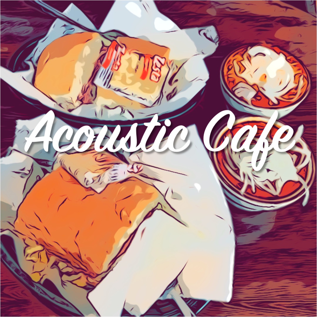테이블 위-샌드위치-바구니-수프 두개-Acoustic Cafe-글자-모습