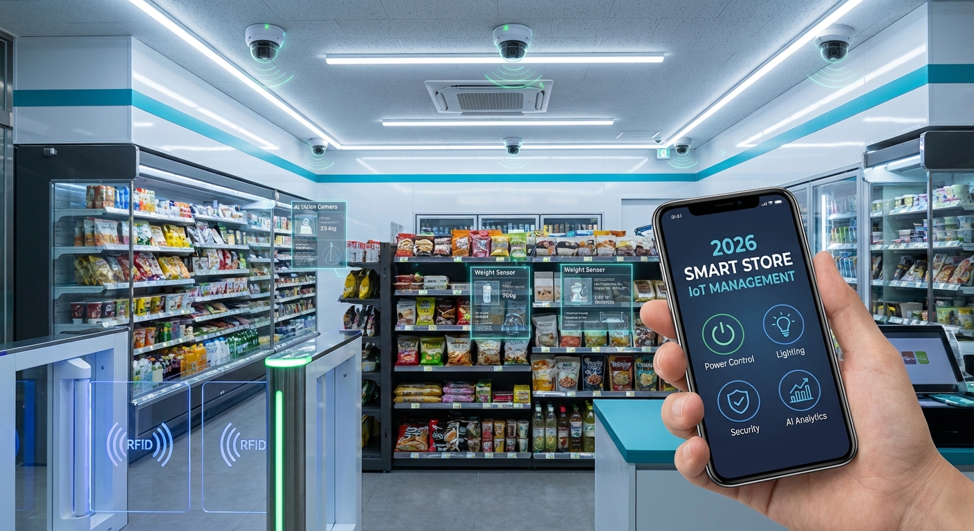 스마트폰 앱으로 AI 카메라, 무게 센서, RFID 게이트 등 IoT 기술이 적용된 2026년 미래형 무인 매장을 원격 제어 및 관리하는 모습