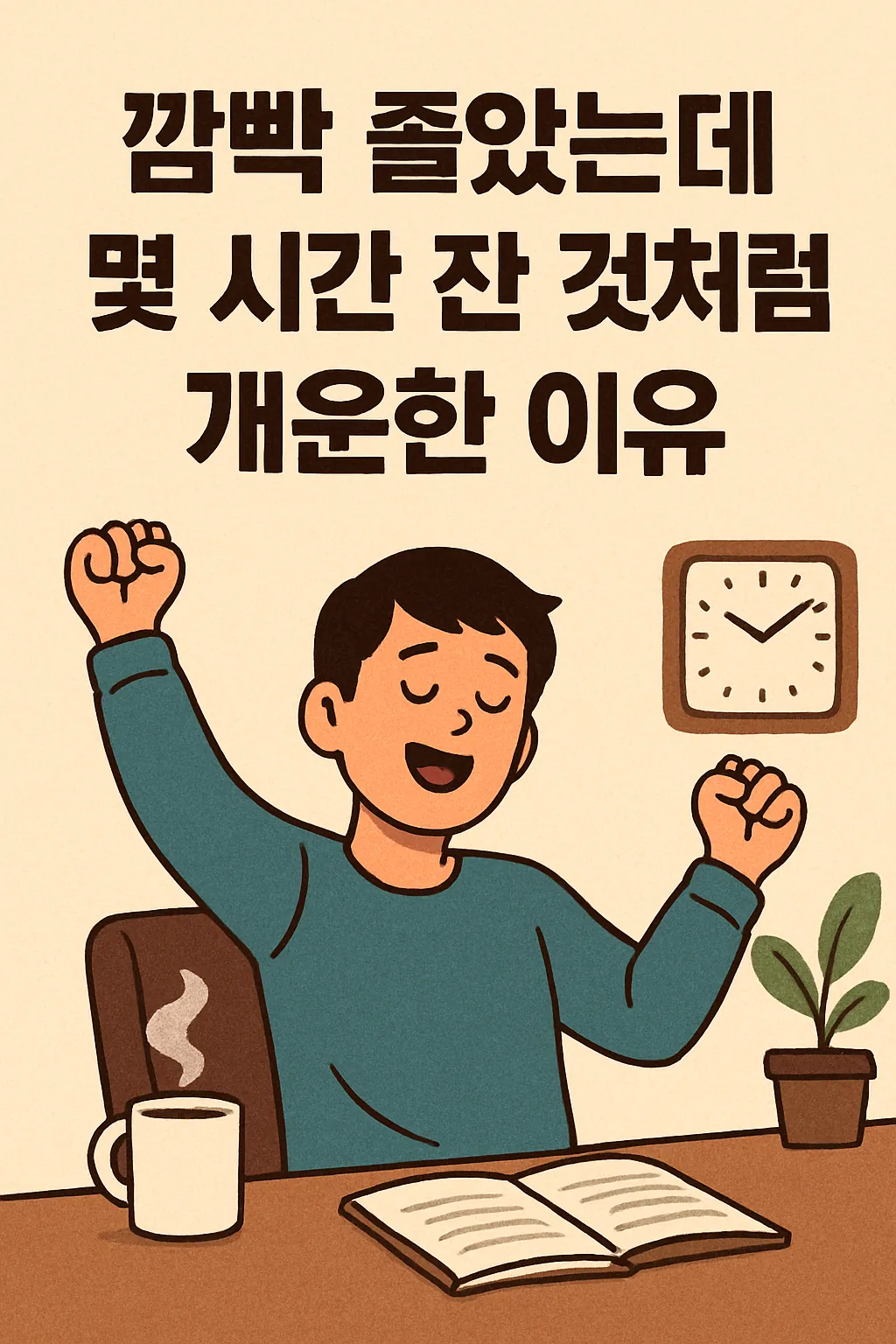 깜빡 졸았는데 개운한 이유를 설명하는 따뜻한 분위기의 일러스트, 사무실 책상에서 기지개를 켜는 사람