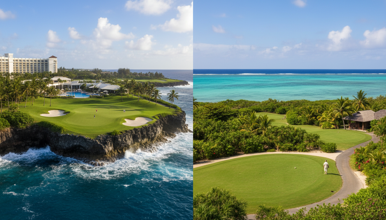 괌과 사이판 골프장 이미지 . 괌은 해얀 절벽이 특징이고 사이판은 에메랄드빛 바다가 보이는것이 특징임.