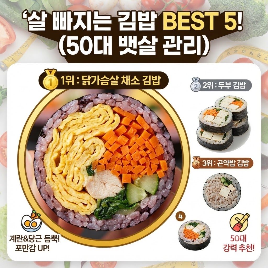 살 빠지는 김밥 베스트 5! 50대 뱃살 관리 가이드 - 다이어트 김밥 순위 정보성 카드뉴스 이미지