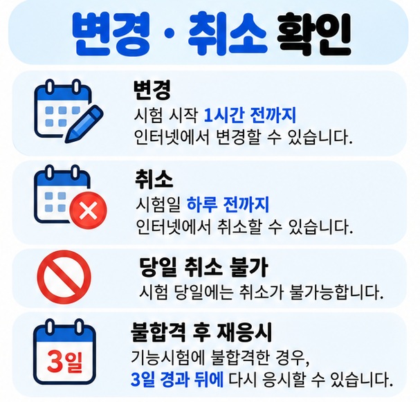 운전면허 기능시험 일정 변경 취소 가능 시점과 재응시 기간을 정리한 카드뉴스