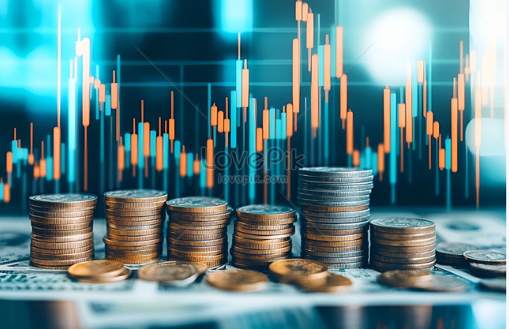 주식챠트와 동전이 쌓여있는 이미지