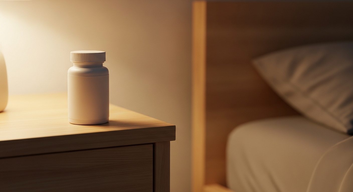 은은한 침실 조명 아래 놓인 수면 보조 제품