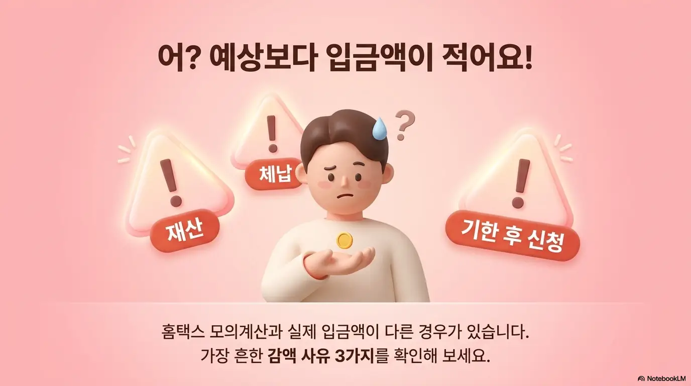 근로자녀장려금 신청자격: 예상보다 입금액이 적은 이유를 재산&amp;#44; 체납&amp;#44; 기한 후 신청 세 가지 경고 표시로 보여주는 이미지. 홈택스 모의계산과 실제 입금액이 다를 수 있으며 가장 흔한 감액 사유 세 가지를 확인하라는 내용을 시각적으로 전달함. 블로그의 근로장려금 감액 사유와 관련된 내용을 설명함 