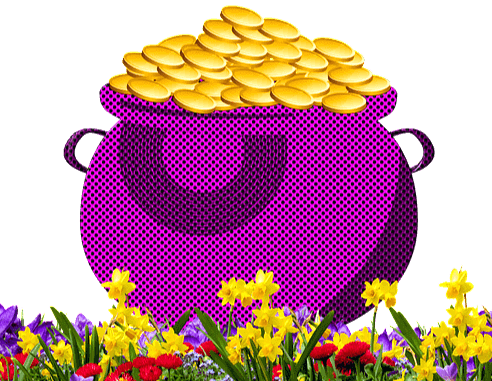 보라색 커다란 항아리에 황금 동전들이 가득 담겨있고 항아리 앞에는 노란 수선화와 빨간 꽃들이 가득 피어있다.