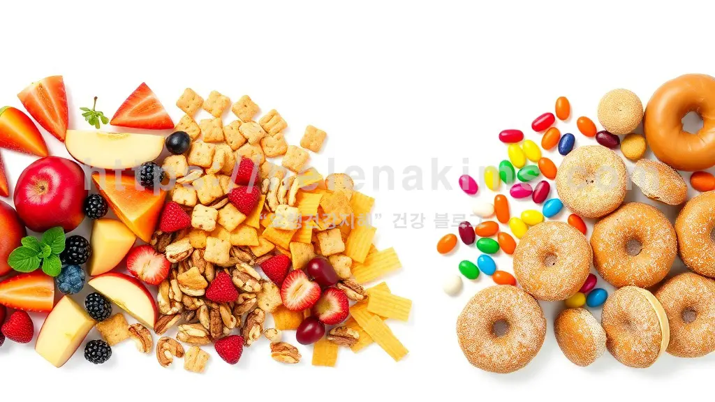 왼쪽에는 과일, 견과류 등 건강한 간식이, 오른쪽에는 몸에 해로운 비스킷 등 피해야 하는 간식의 모습.