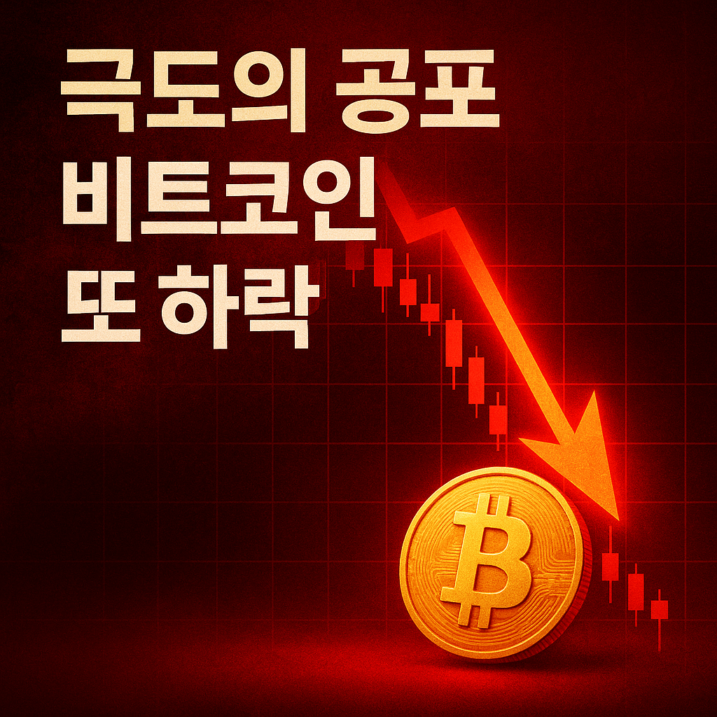 &ldquo;비트코인 가격 급락과 극도의 공포 지수를 표현한 붉은 톤의 하락 차트 이미지&rdquo;