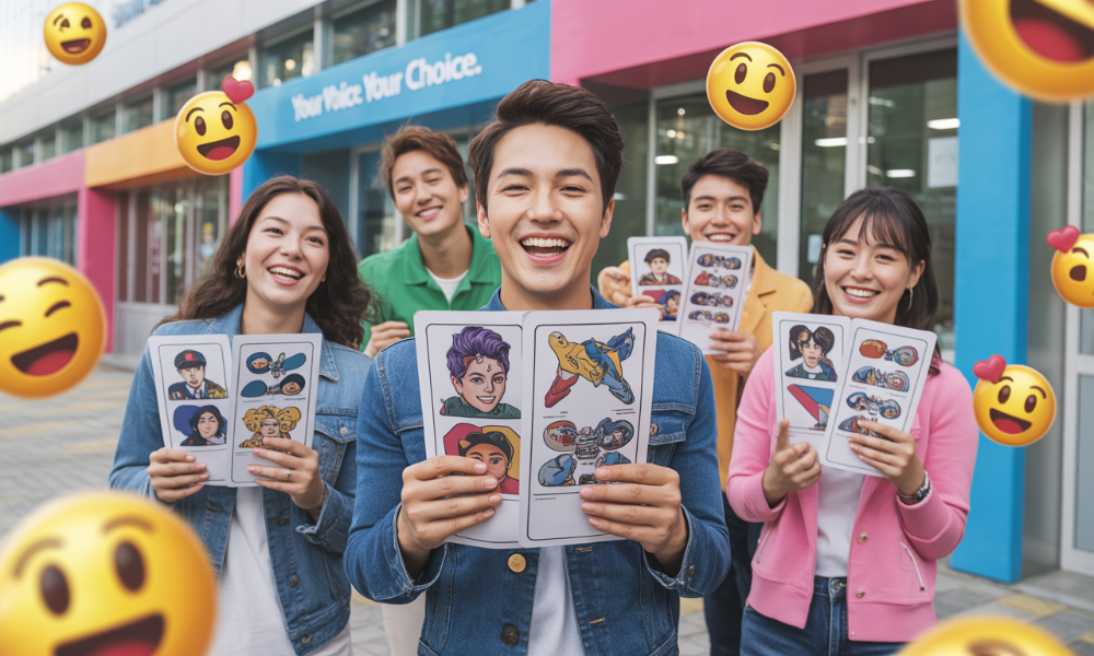 MZ세대가 투표 인증 용지를 들고 SNS에 투표를 독려하는 모습, 다양한 캐릭터와 팬덤 문화가 결합된 창의적인 투표 인증샷 트렌드를 보여줌